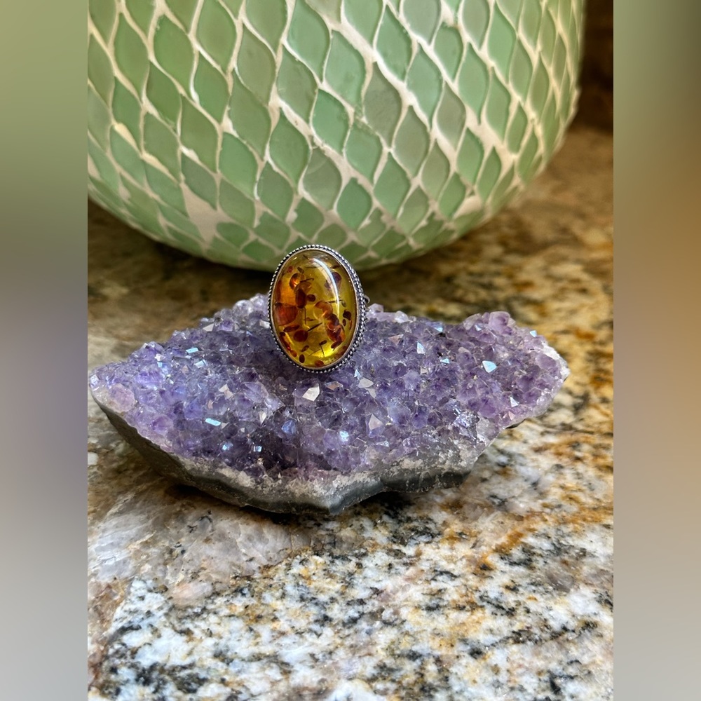 Silver Oval Baltic Amber Stone Ring
